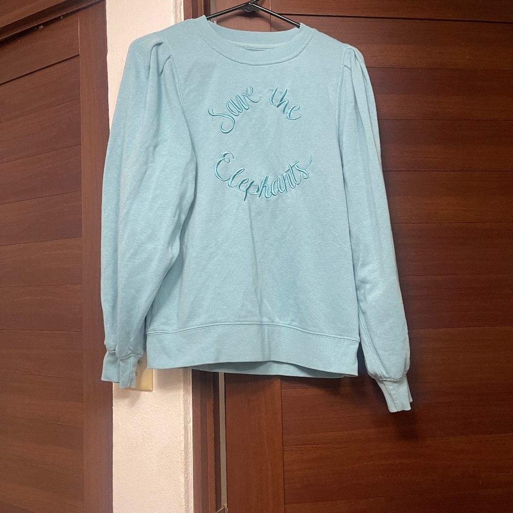 Ivory Ella Save the Elephants Graphic Sweatshirt Blue Puff Sleeve Pullover